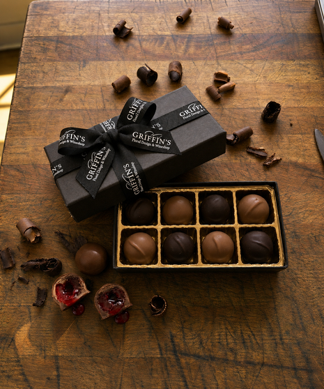Handcrafted Ohio Amish chocolate-covered cherries in milk and dark chocolate gift boxes from Griffin's Floral Design.