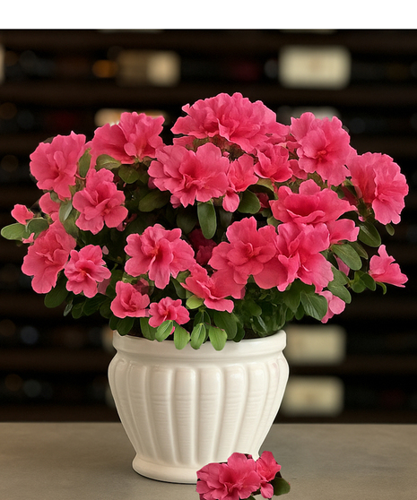 Azalea plant with vibrant pink blooms in a decorative Ceramic Vessel, designed for spring gifting by Griffin’s Floral Design in Columbus, OH