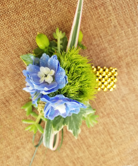 Blue & Green With Gold Wrist Corsage