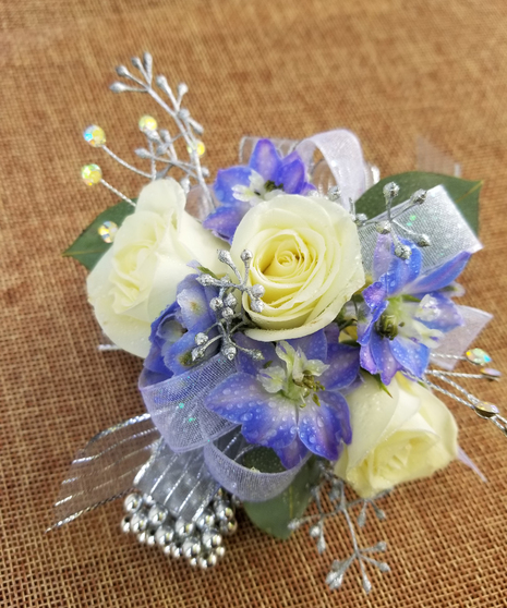 Blue White & Silver Wrist Corsage