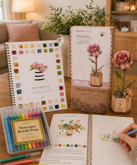 Creative Bloom DIY gift box with 3D wooden flower puzzle, watercolor workbook, and brush pens in Griffin’s Floral Design gift box Columbus Ohio.