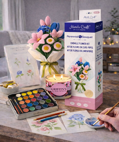 Creative DIY flower bouquet kit, 48-color watercolor paint set, Griffin’s 3-wick candle and floral notecards gift box Columbus Ohio.