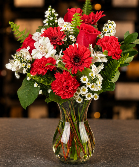 Crimson Delight Tiffany Collection with red roses, gerbera daisies, carnations, and white blooms delivered in Columbus Ohio.