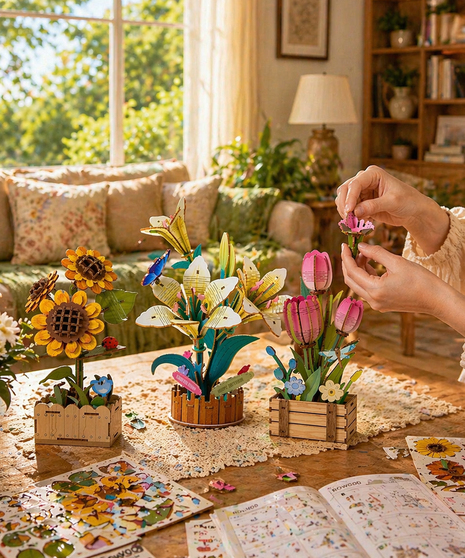 DIY wooden flower bloom sets including sunflower, pink tulip, and lily in Griffin’s Floral Design gift box – Columbus Ohio gift shop