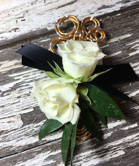 Double White Roses with Gold Accent Boutonniere