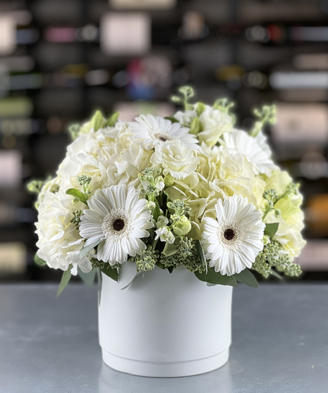 Elegant white grove arrangement with gerbera daisies and hydrangea delivered in Columbus, Ohio. by Griffins Floral