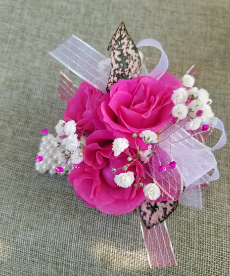 Hot Pink Rose & Babys Breath Wrist Corsage