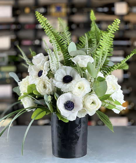Midnight Tranquility luxury arrangement with white anemones, roses, and fern accents designed by a Columbus, Ohio florist.