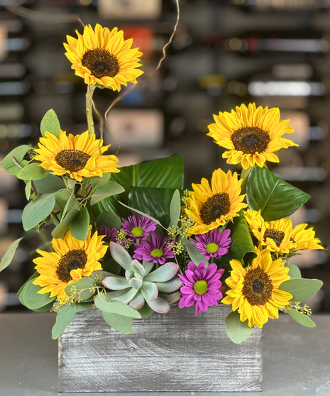 Modern sunflower and succulent arrangement with purple daisies in a rustic gray wood box, designed by Griffin’s Floral Design.