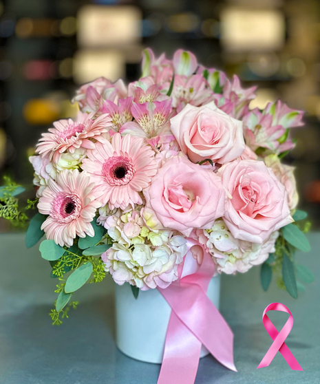Promise Of Hope soft pink rose, gerbera, hydrangea, and alstroemeria arrangement with pink ribbon for Breast Cancer Awareness Month – Griffin’s Floral Design Columbus Ohio