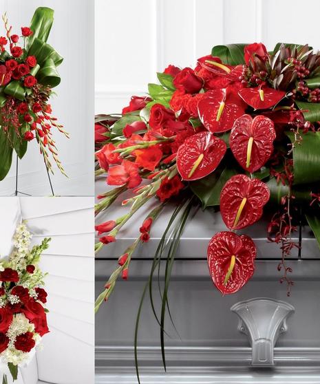 A unique spray of red tropical anthirium, orchids, and mixed flowers. Pick the whole set at a discount, or choose only the individual items you like.
