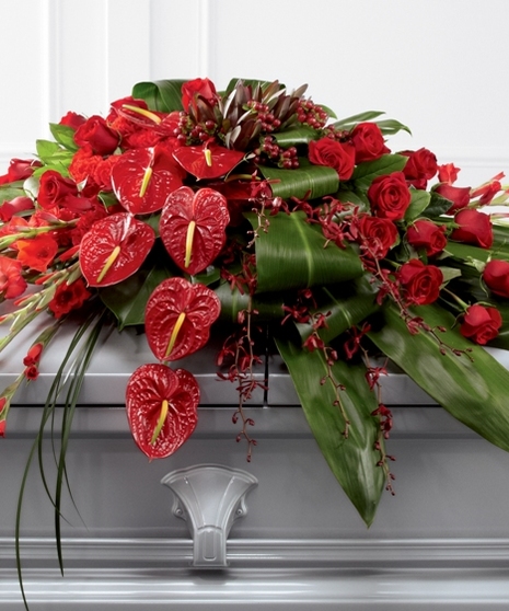 A unique spray of red tropical anthirium, orchids, and mixed flowers. Pick the whole set at a discount, or choose only the individual items you like.