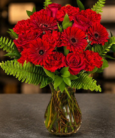 Ruby Red Tiffany Collection featuring red roses, gerbera daisies, and carnations from the Best Florist in Columbus Ohio.