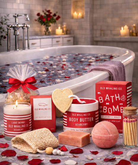 Old Whaling Co Seaberry luxury spa gift box with candle, bath bomb and rose clay soap Columbus Ohio florist.