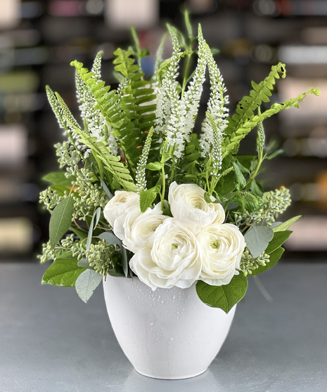 White ranunculus and fern garden arrangement delivered by a Columbus, Ohio Griffins Floral