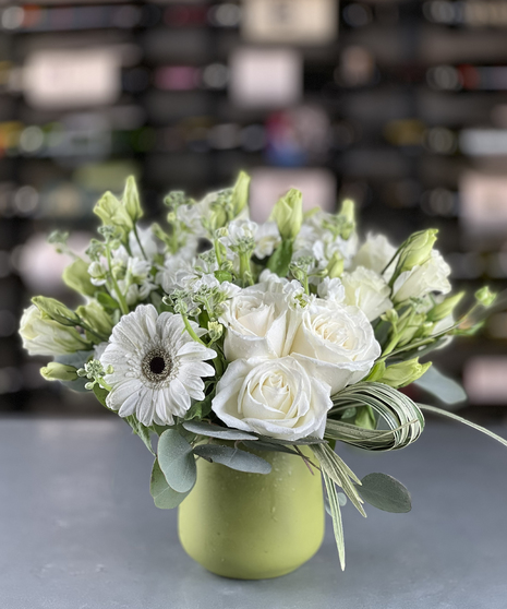 Whispering White Garden with white roses and aromatic stock arranged by a Columbus, Ohio florist