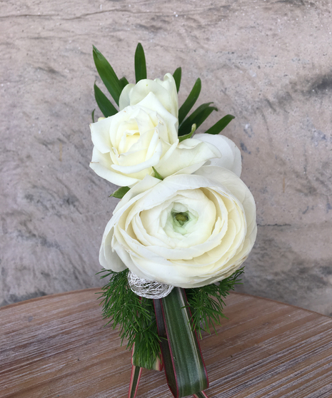 White Ranunculus and Rose Wrist Corsage