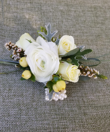 White Ranunculus with Hypericum Berry Wrist Corsage