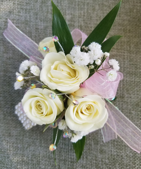 White rose Pink ribbon & babys breath Wrist Corsage