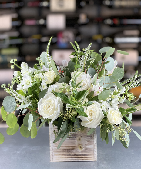 Woodland Whites Bouquet with white roses, stock, veronica, and eucalyptus arranged by a Columbus, Ohio florist Griffins